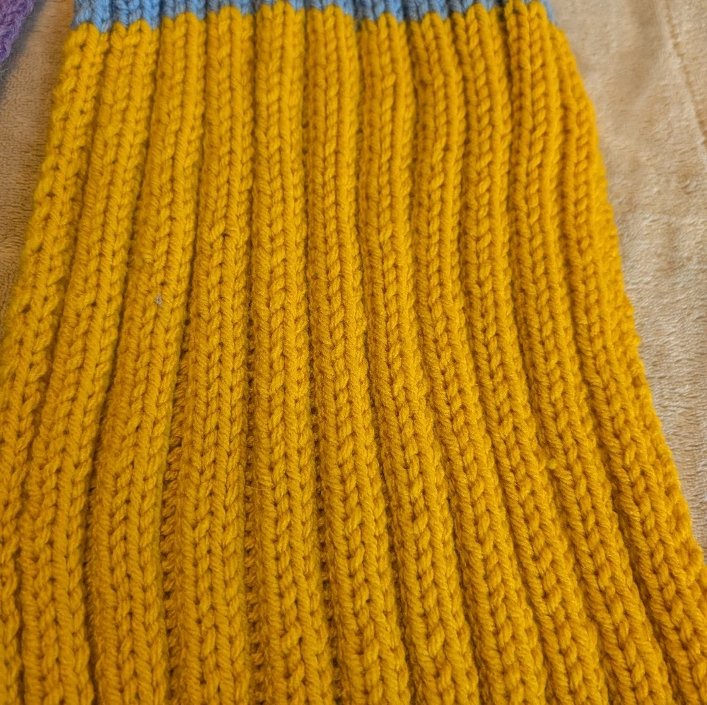 Hand Knit Ribbed Dr. Who Style Color Block Scarf With Fringe